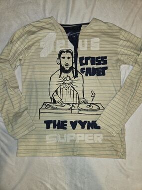 Vintage Religion Jesus Vynl DJ Long-Sleeve Graphic Tee - Beige Stripe Size 1 S